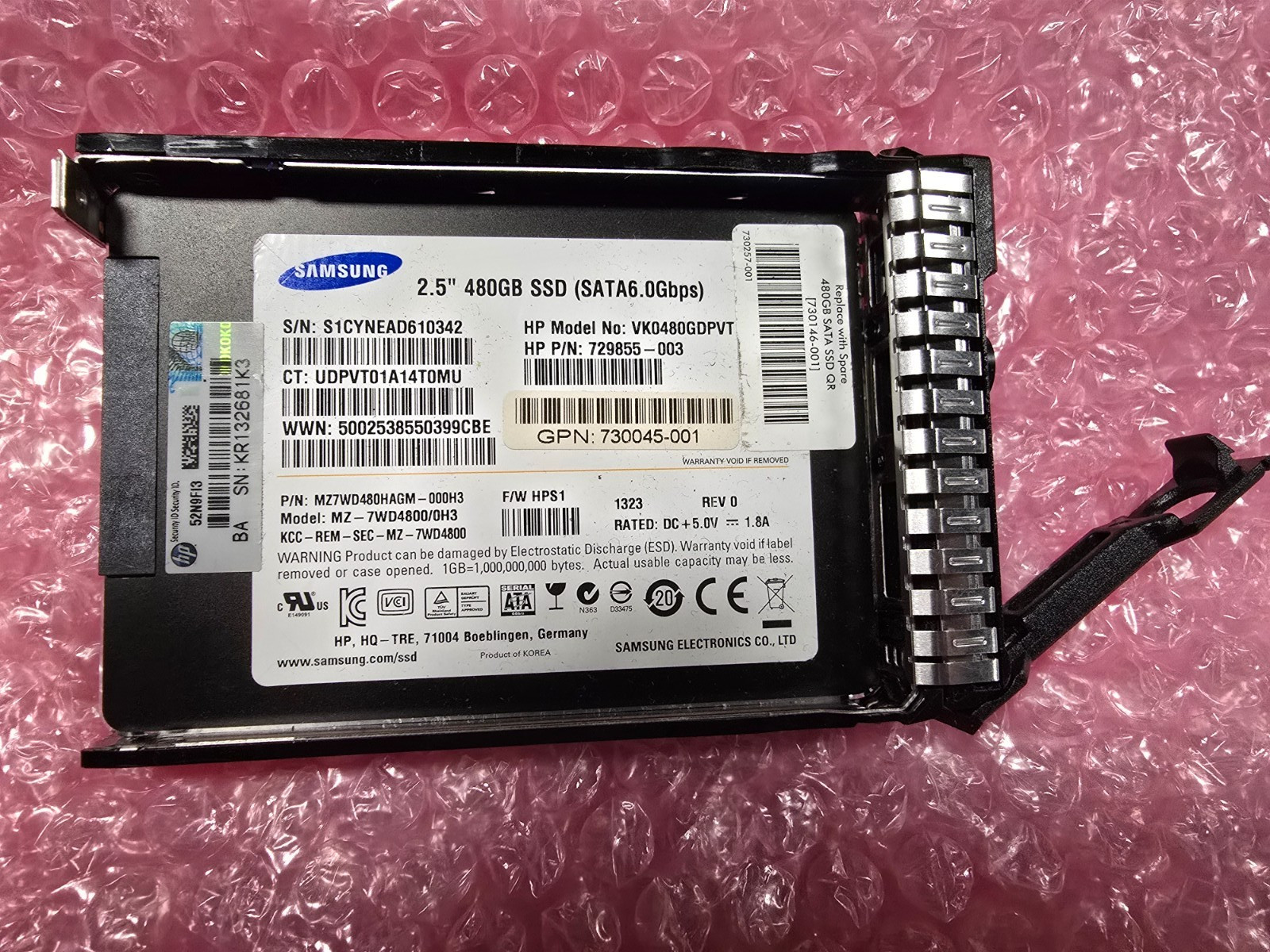 729855-003: Lightly used HP 480GB, 6GB SATA III SSD (Samsung OEM)