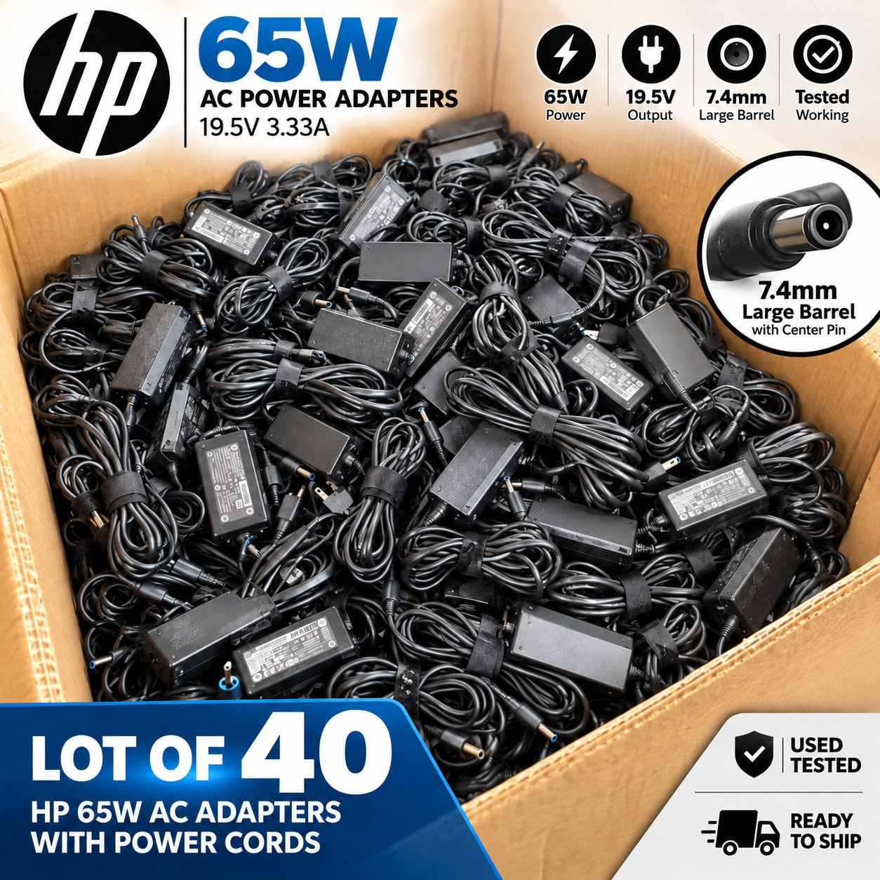 Lot 40 HP 65W 19.5V 3.33A Large Barrel 7.4mm AC Power Adapters w/ Power Cords