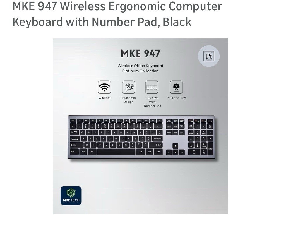 MKE 947 Wireless Ergonomic Computer Keyboard with Number Pad, Black