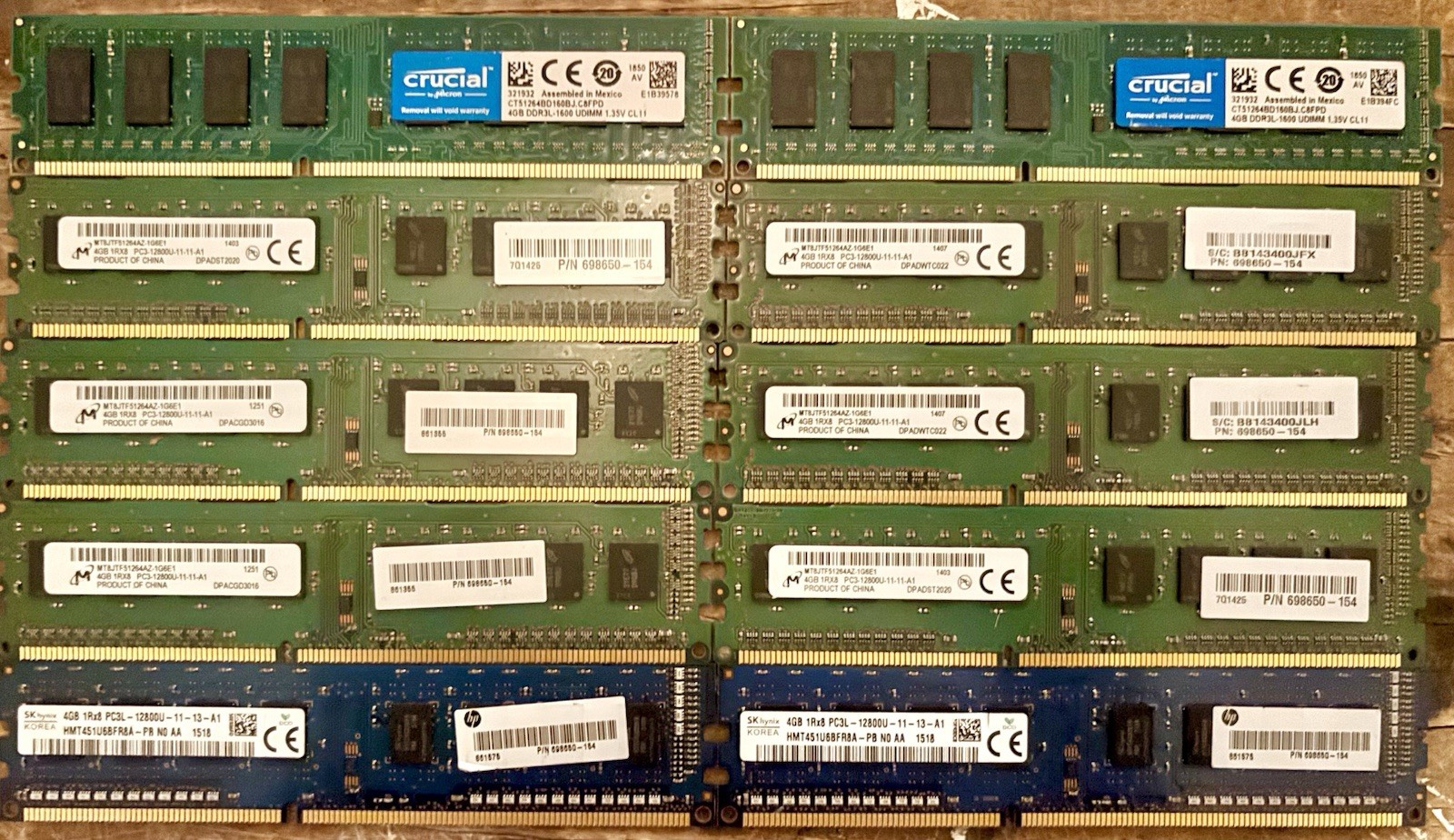 4GB Ram Lot Of 12 PC3-12800 Micron-SKHynix-Crucial