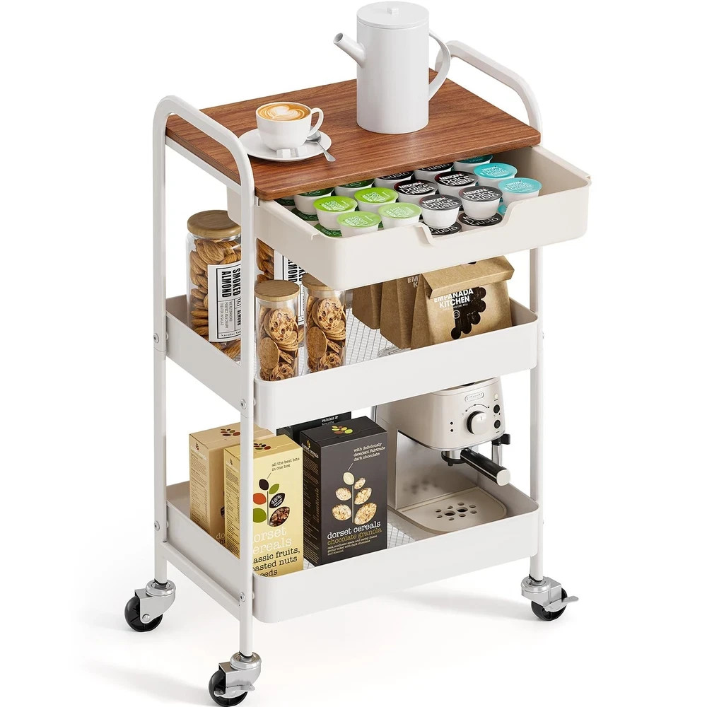 Rolling Cart 3 Tier Metal Utility Storage Drawer Locking Wheels White TOOLF Desk