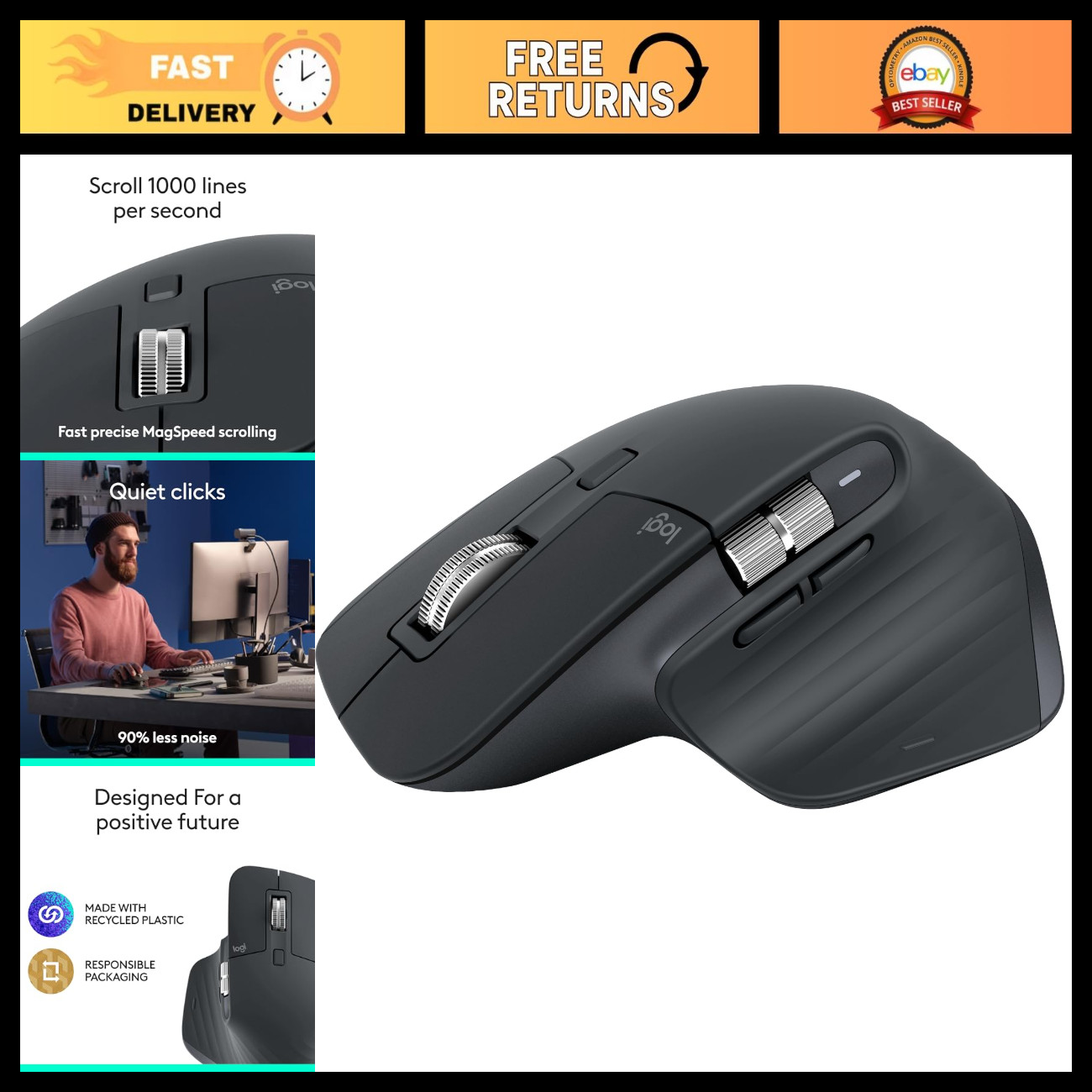 Bluetooth Wireless Mouse, Ergonomic Design, Rechargeable, Graphite Color, No Rec