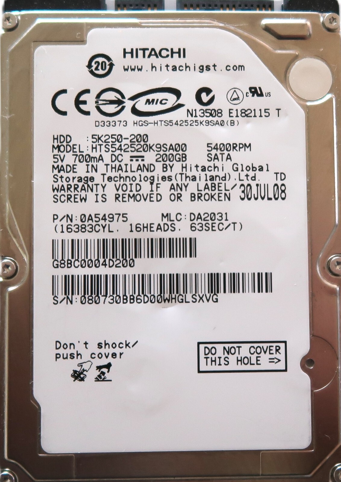 Hitachi HTS542520K9SA00 MLC: DA2031 PN: 0A54975 Thailand 2.5" 200gb Sata HDD