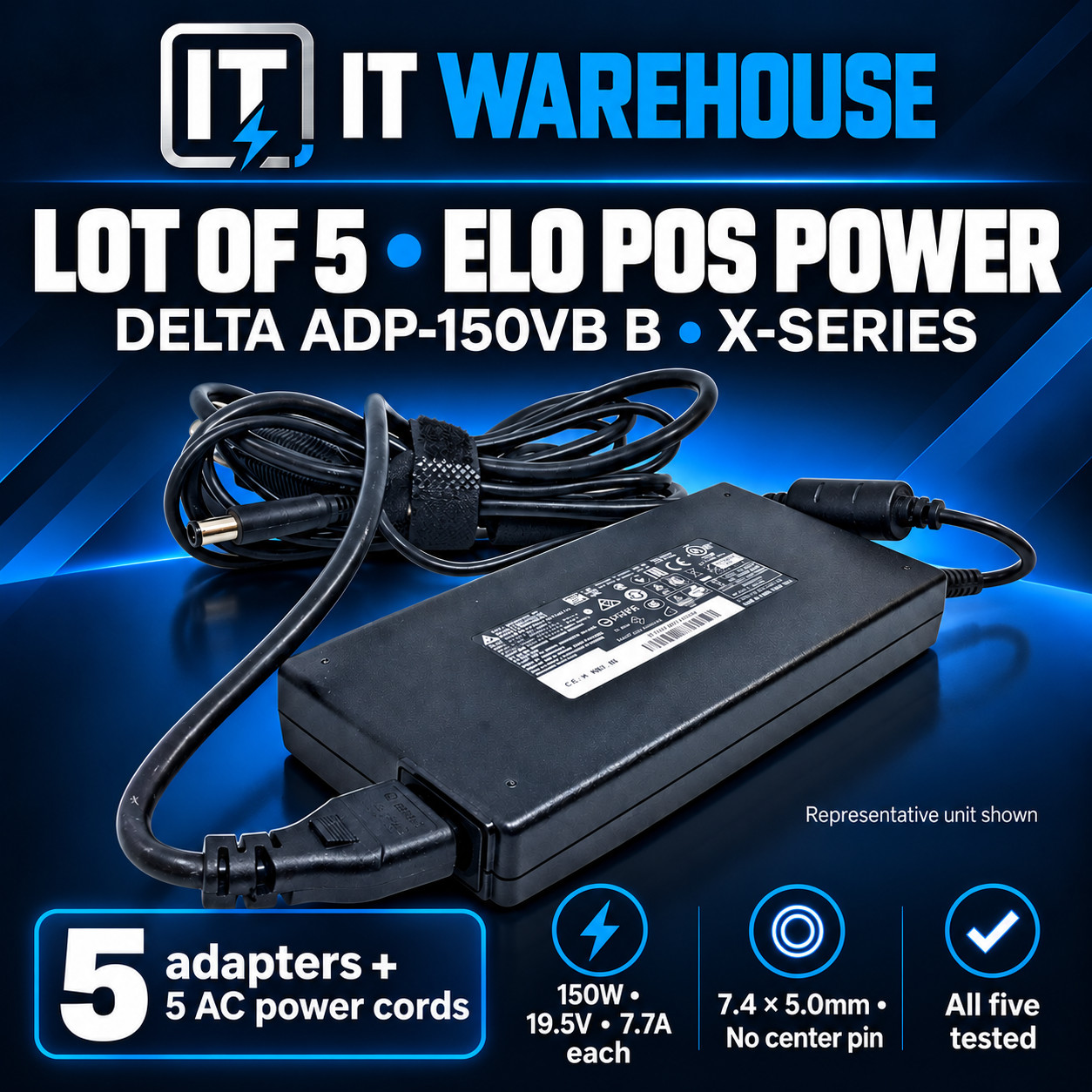 5x Bulk Lot Delta ADP-150VB B 19.5V 7.7A 150W Elo X-Series POS AC Adapter 7.4mm