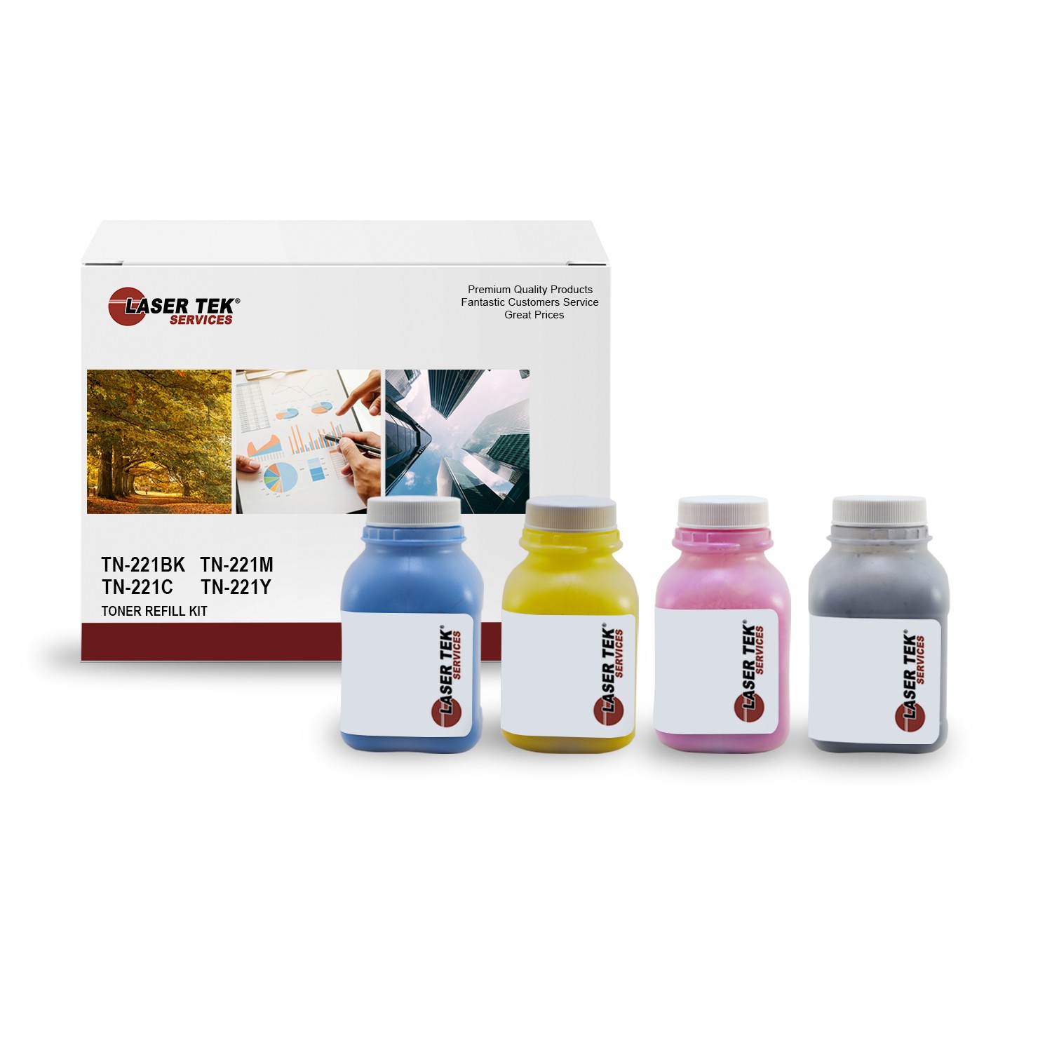 4Pk LTS TN221 CMYK Toner Refill Kit Compatible for Brother HL-3140CW, MFC-9130CW