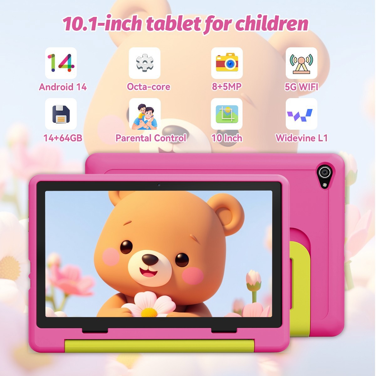 Urao Kids Tablet 10.1 inch Android 15 Tablets for kids 3-12 64GB with Shockproof