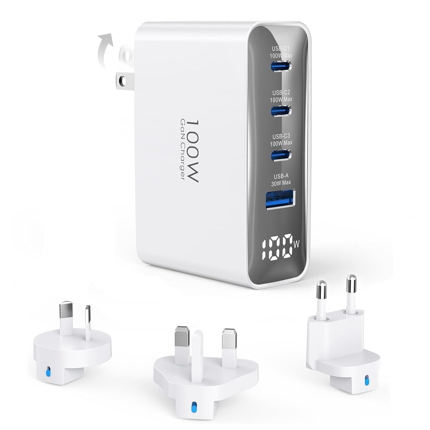 100W USB C Travel Charger, 4-Ports Foldable Travel Adapter Plug Converter wit...