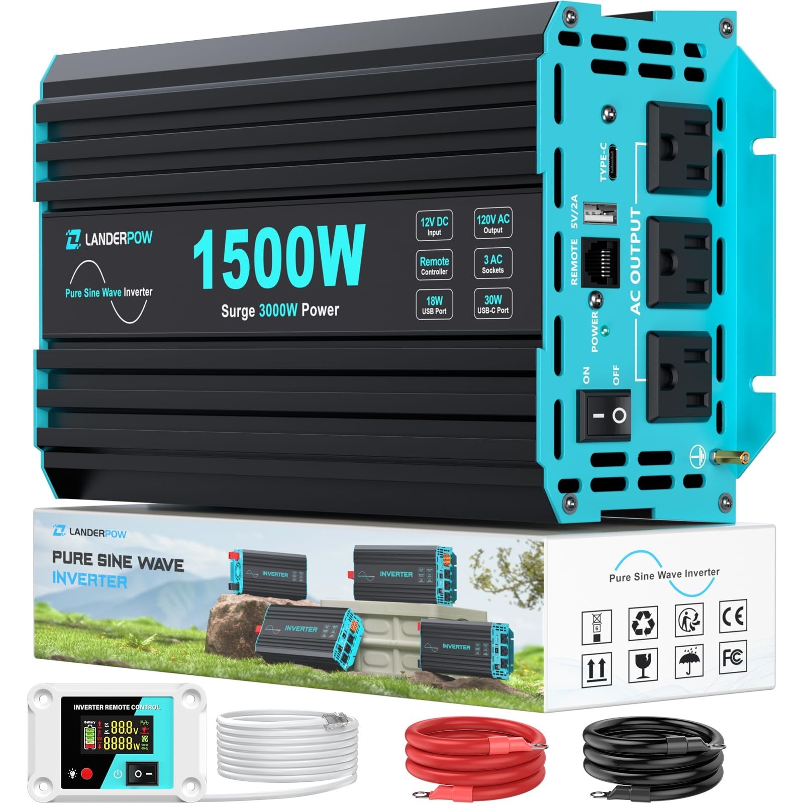 1500 Watt Pure Sine Wave Inverter, 12V DC to 120V AC Inverters for Car, RV, T...