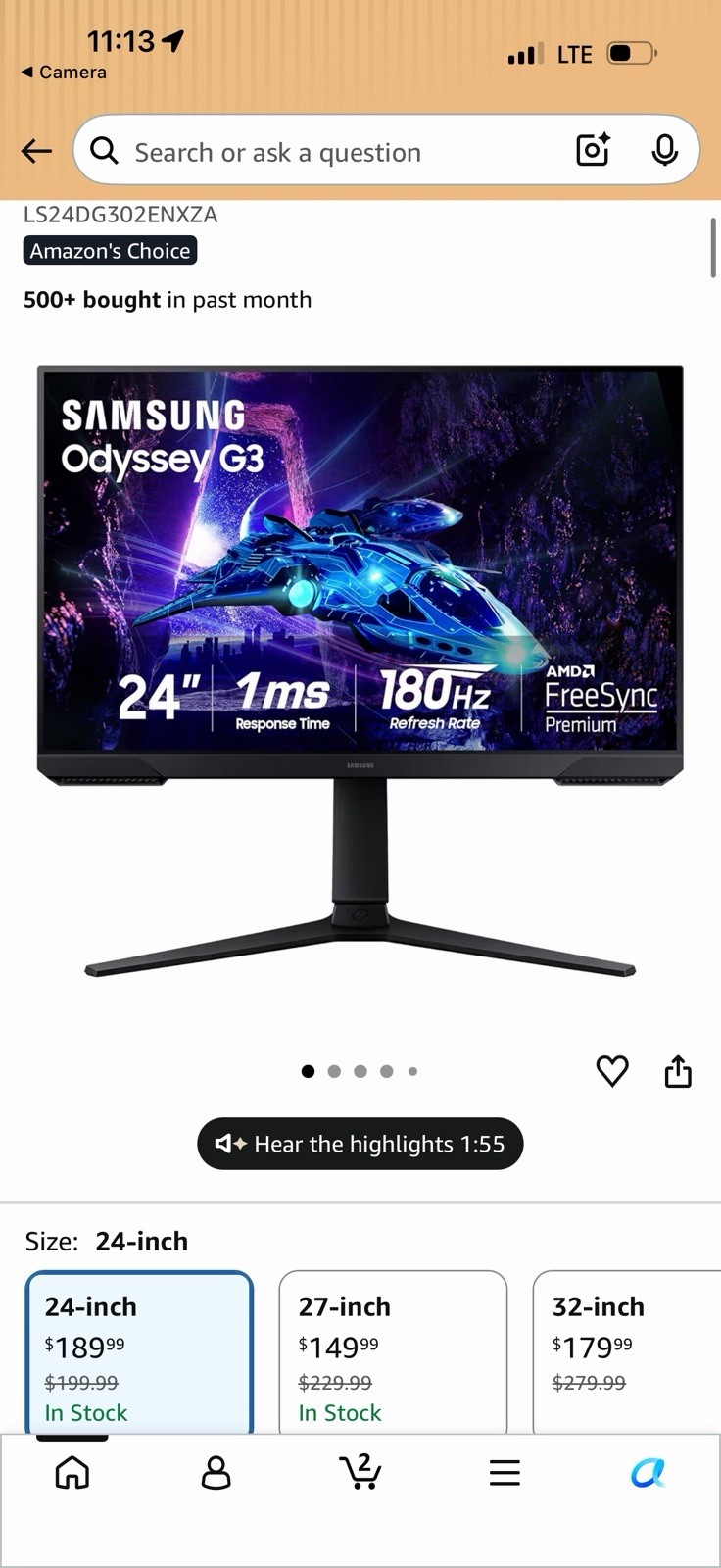 Samsung Odyssey G3 24in 180Hz 1ms LCD FHD Adaptive-Sync HDMI/DP