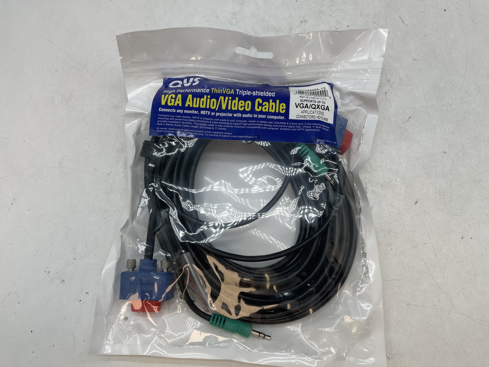 New Sealed QVS ThinVGA Triple-Shielded VGA Audio/Video Cable (15ft) - Free S/H