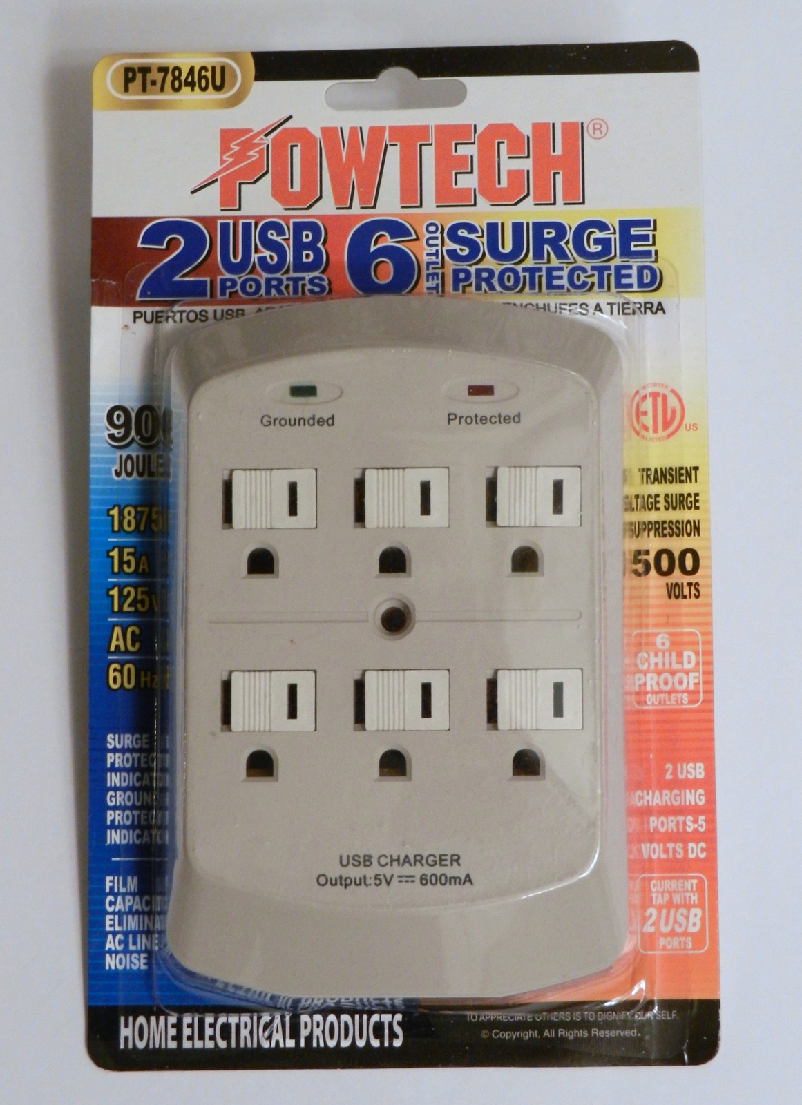 6 Outlet Wall Current Tap Surge Protector 900 Joules with 2 USB Charging Ports