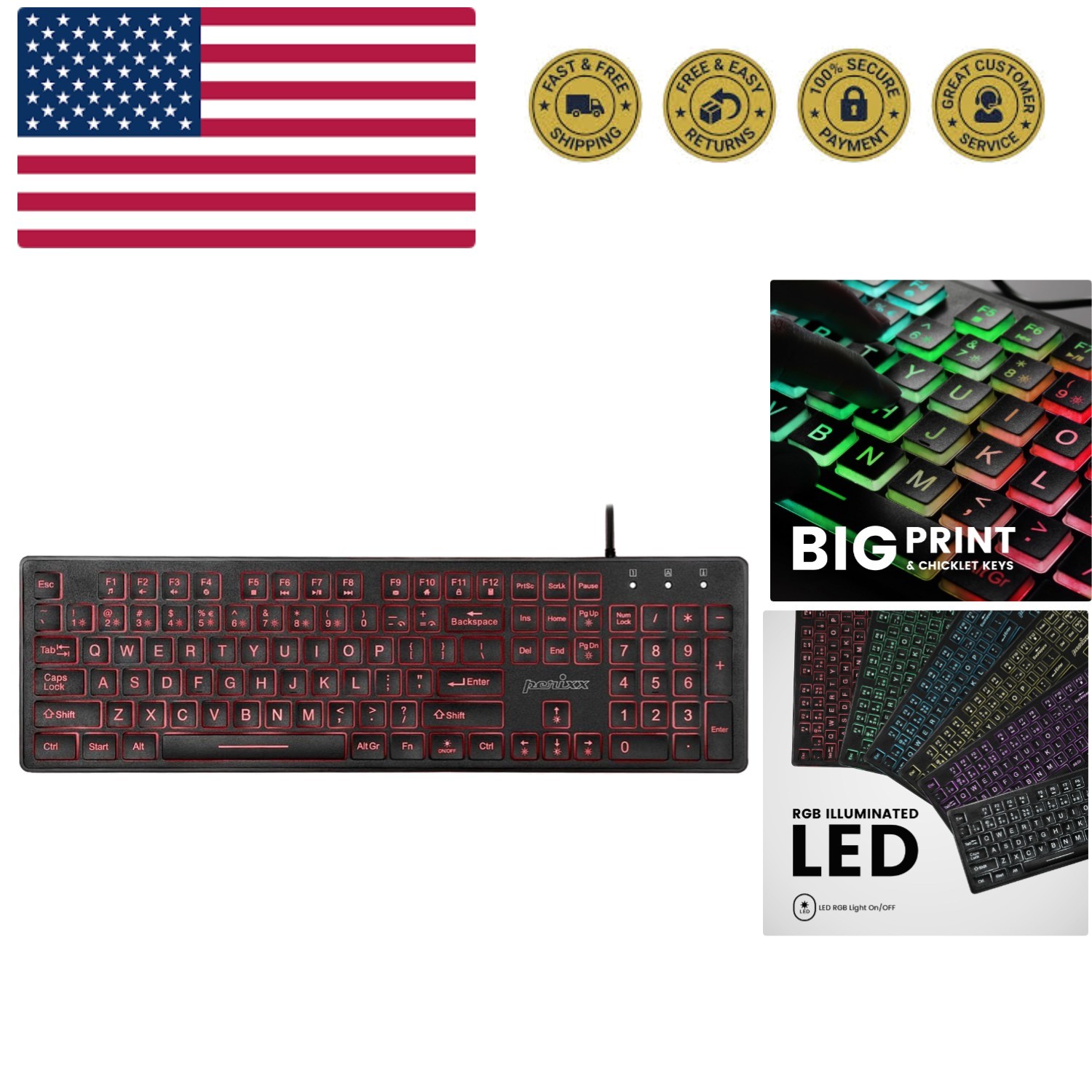 PERIBOARD-317RGB Wired Backlit USB Keyboard - Big Print Letter with RGB Illum...