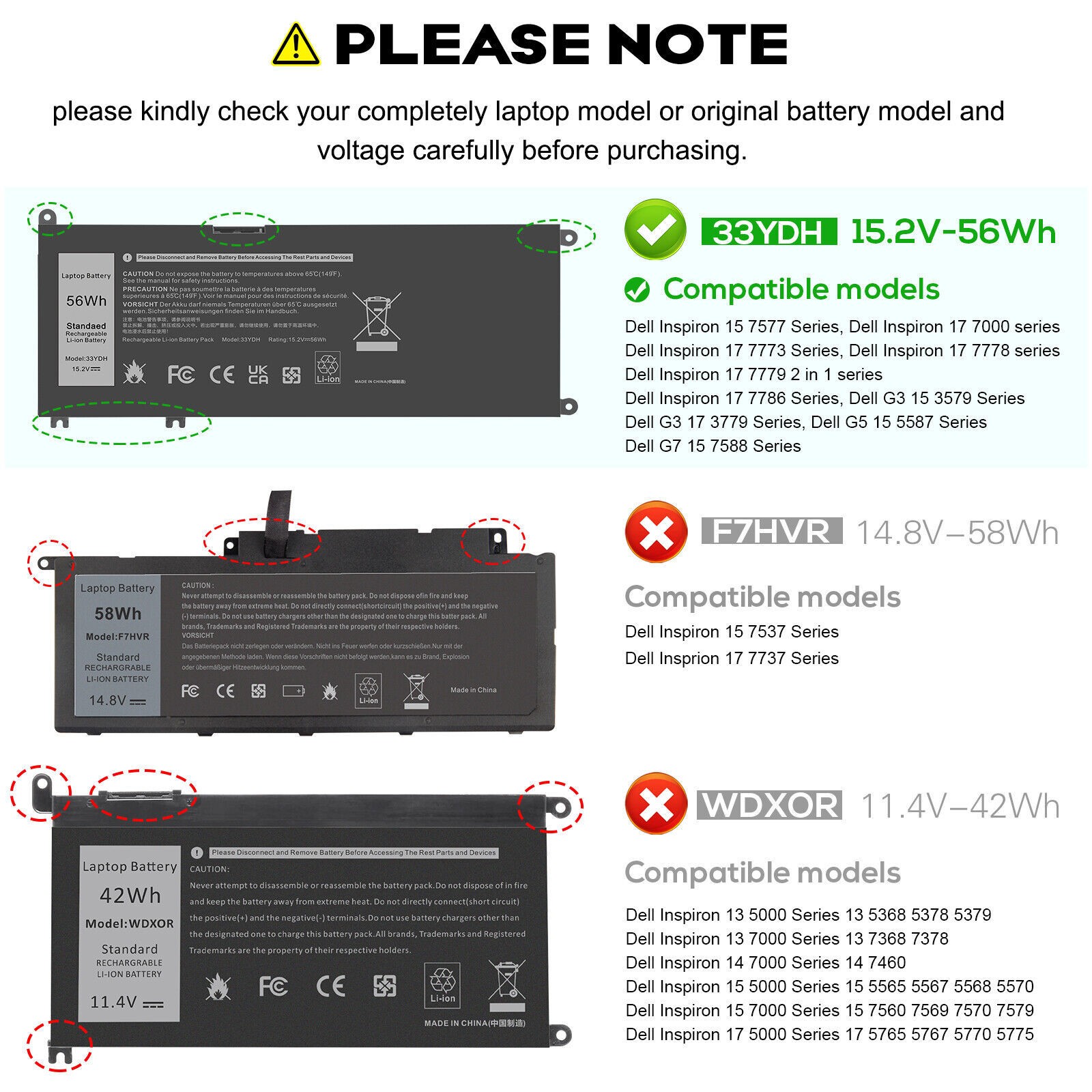 ✅LOT 33YDH Battery For Dell Latitude 3380 3480 3490 3590 3580 Inspiron 17 7577