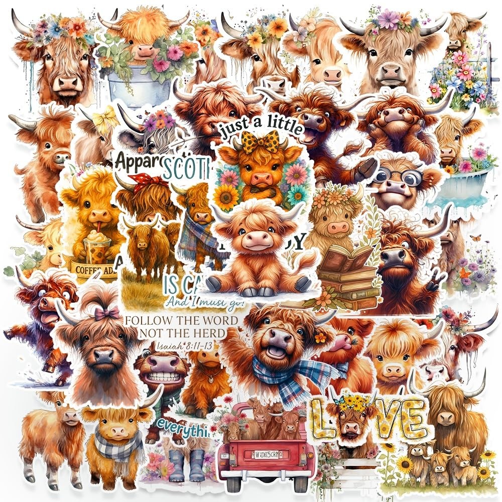 100 PCS Highland Cow Stickers,Funny 2-3 inches, Yellow