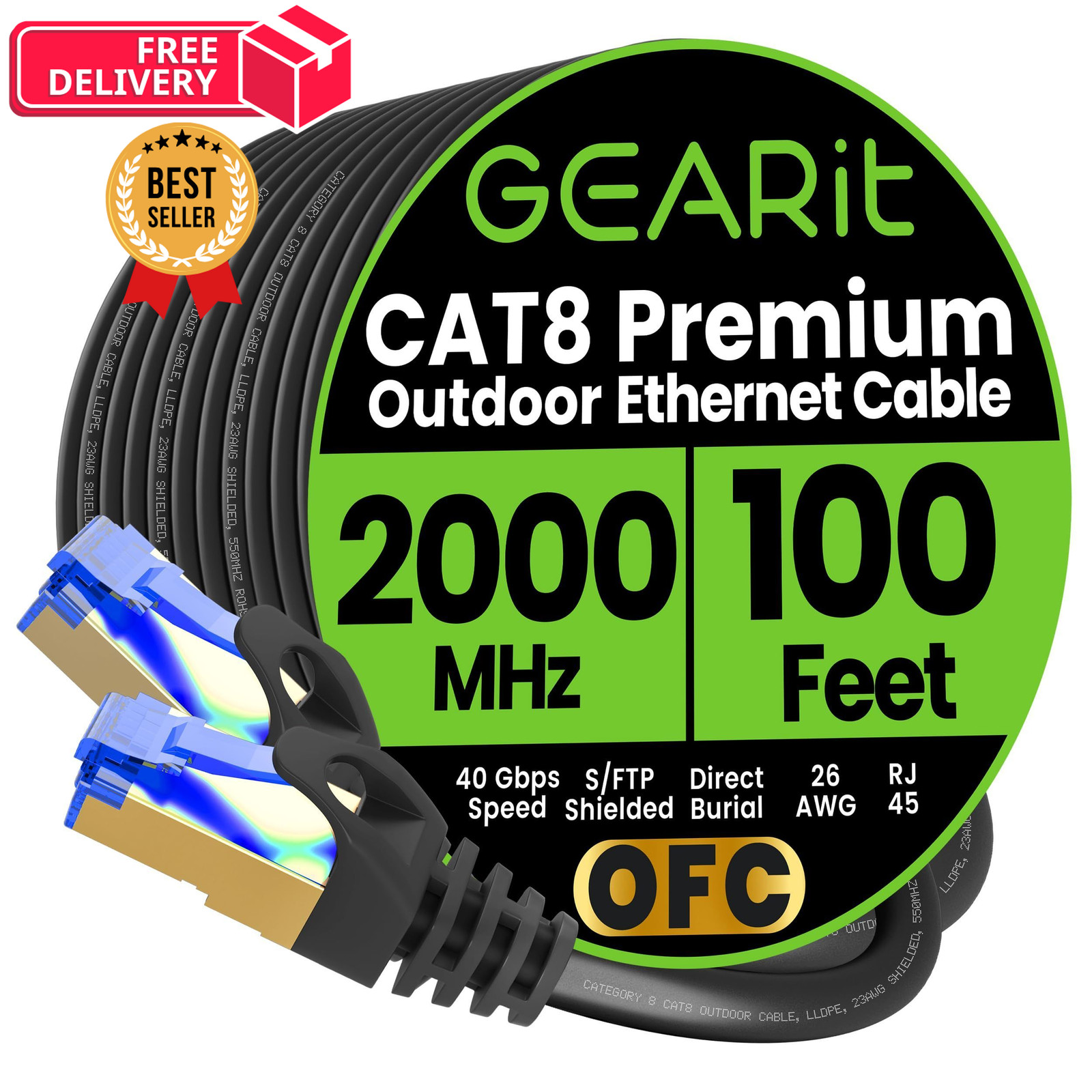 GEARit Cat8 Ethernet Cable 100ft Black 100 Feet, Round - Cat 8