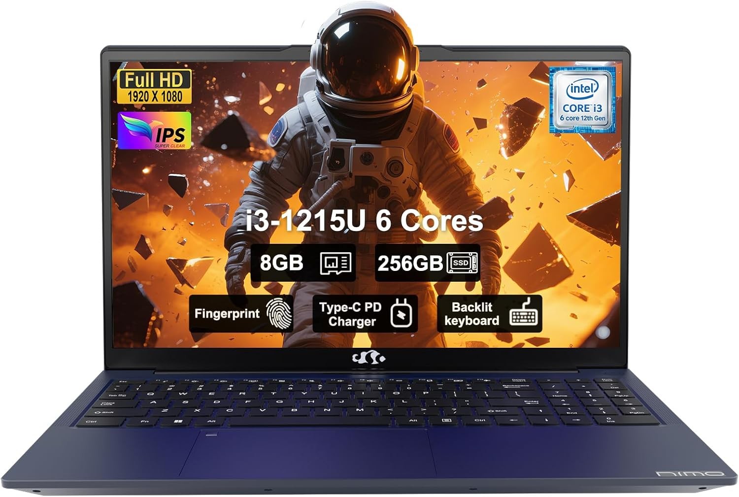 NIMO 15.6" FHD IPS Student Laptop Intel Core i3-1215U 8GB RAM 256GB SSD Win 11