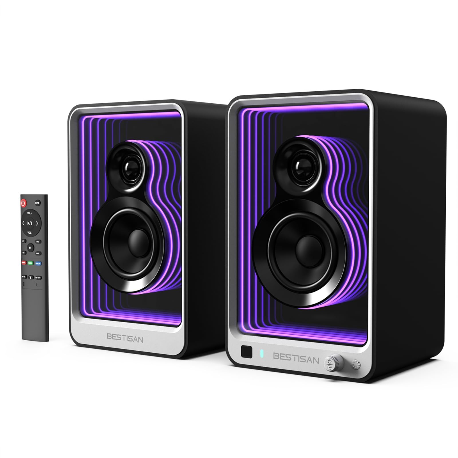 BESTISAN 50W*2 Active Bookshelf Speakers with Dynamic Light Effect, 3" Bass C...