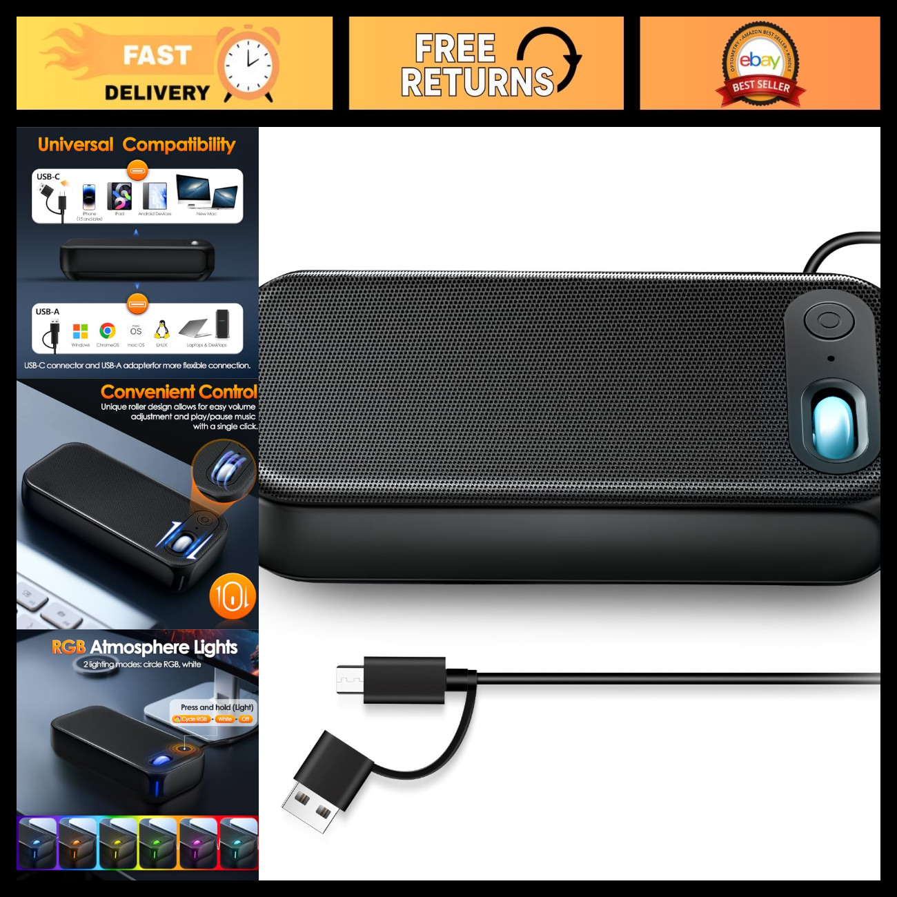 USB-A & USB-C Computer Speakers for PC Desktop, High-Quality Sound, Compact Desi