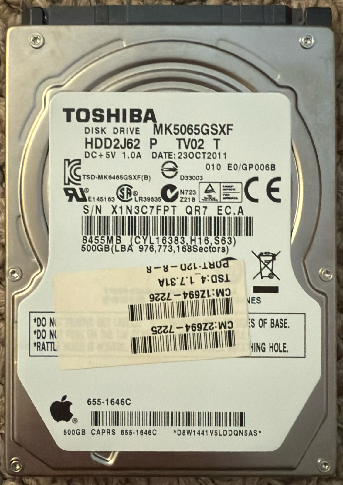 Toshiba MK5065GSXF HDD2J62 P TV02 500GB  HDD Laptop Hard Drive