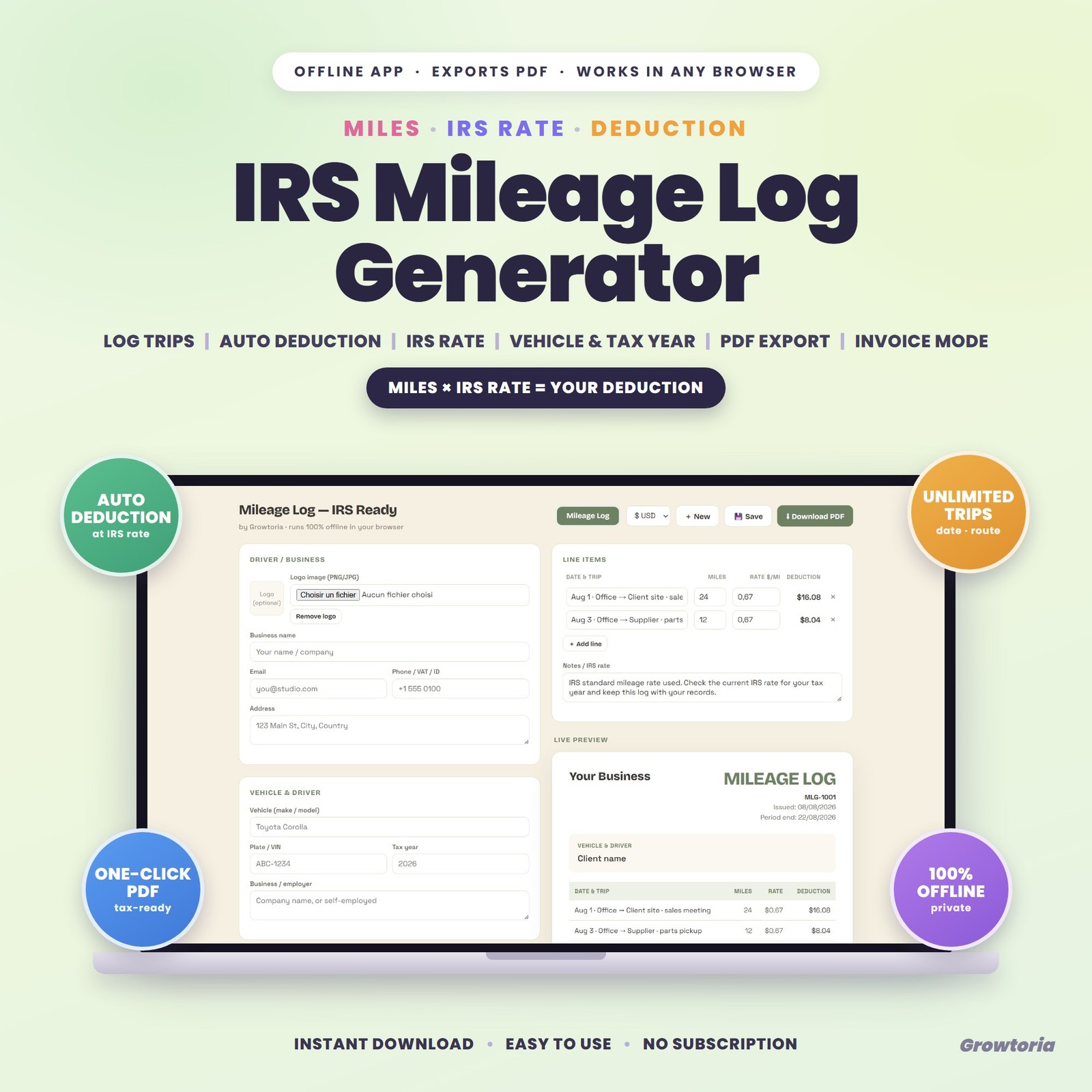 IRS Mileage Log Generator App - Mileage Tracker for Taxes, Printable PDF