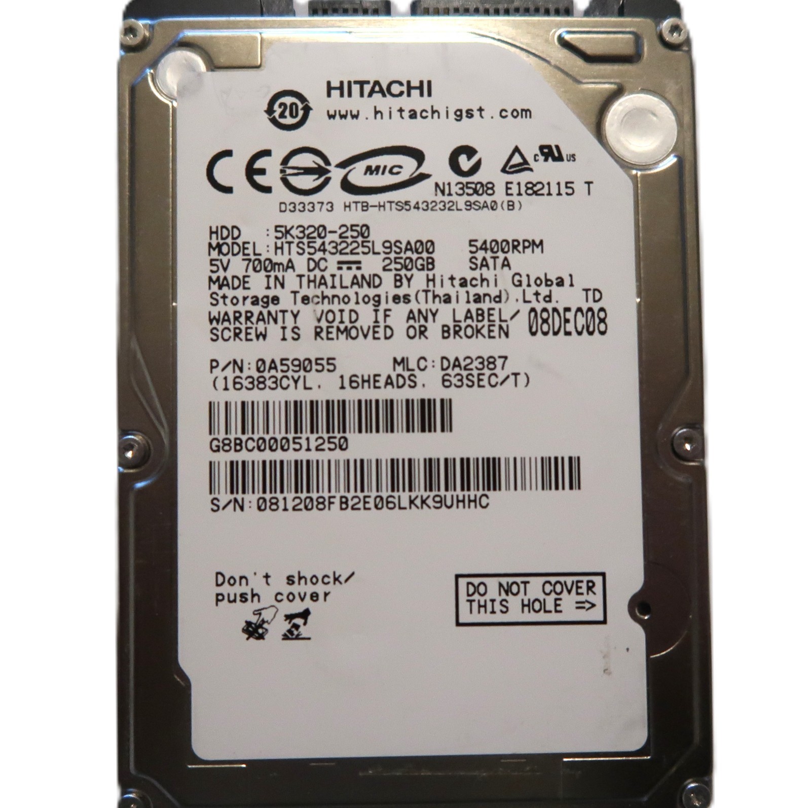 Hitachi HTS543225L9SA00 0A59055 DA2387 Thailand 250gb 2.5" Sata HDD 08DEC08