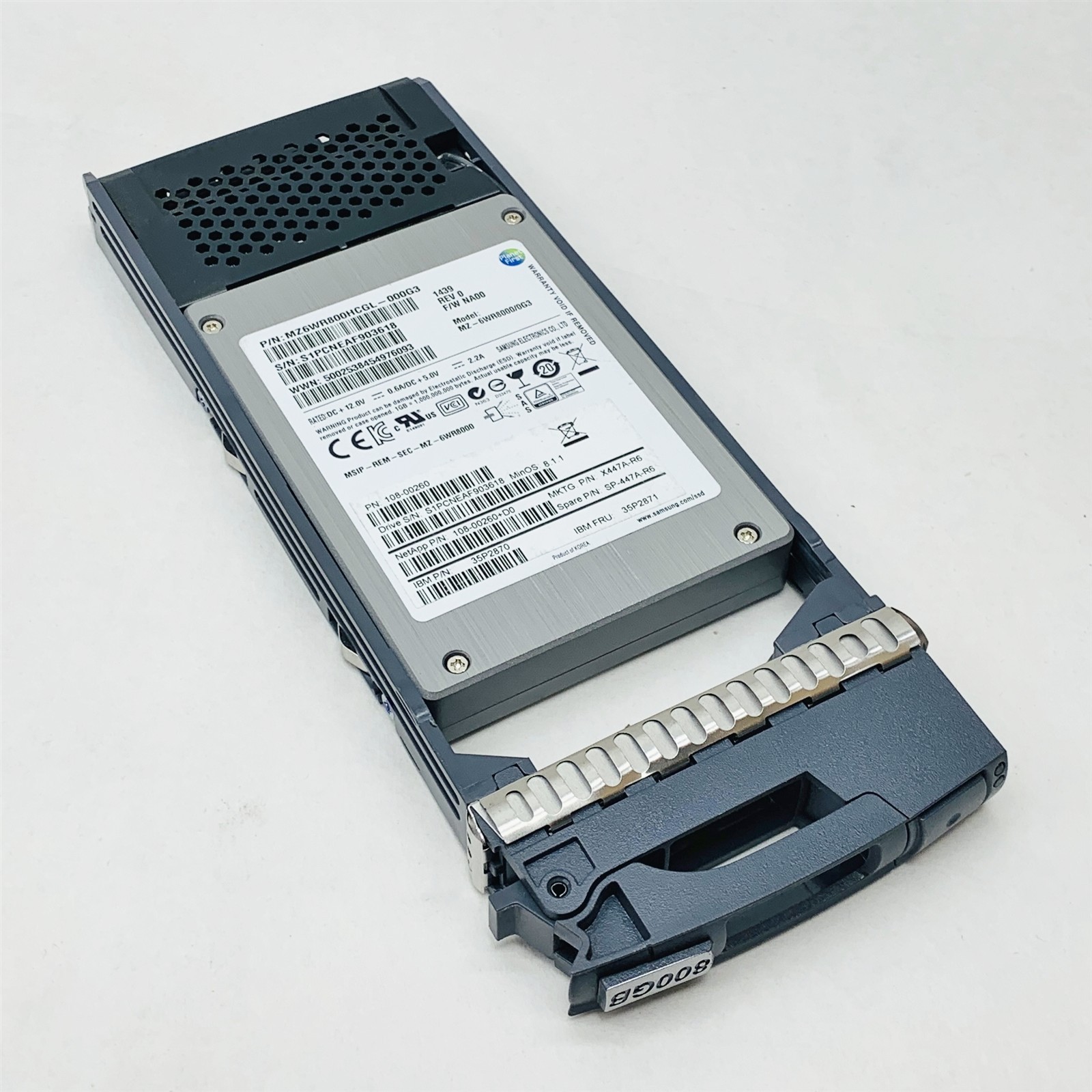 Samsung MZ-6WR8000 800GB 6G SSD NetApp X477A-R6 108-00260+D0 w/Caddy 100% Health