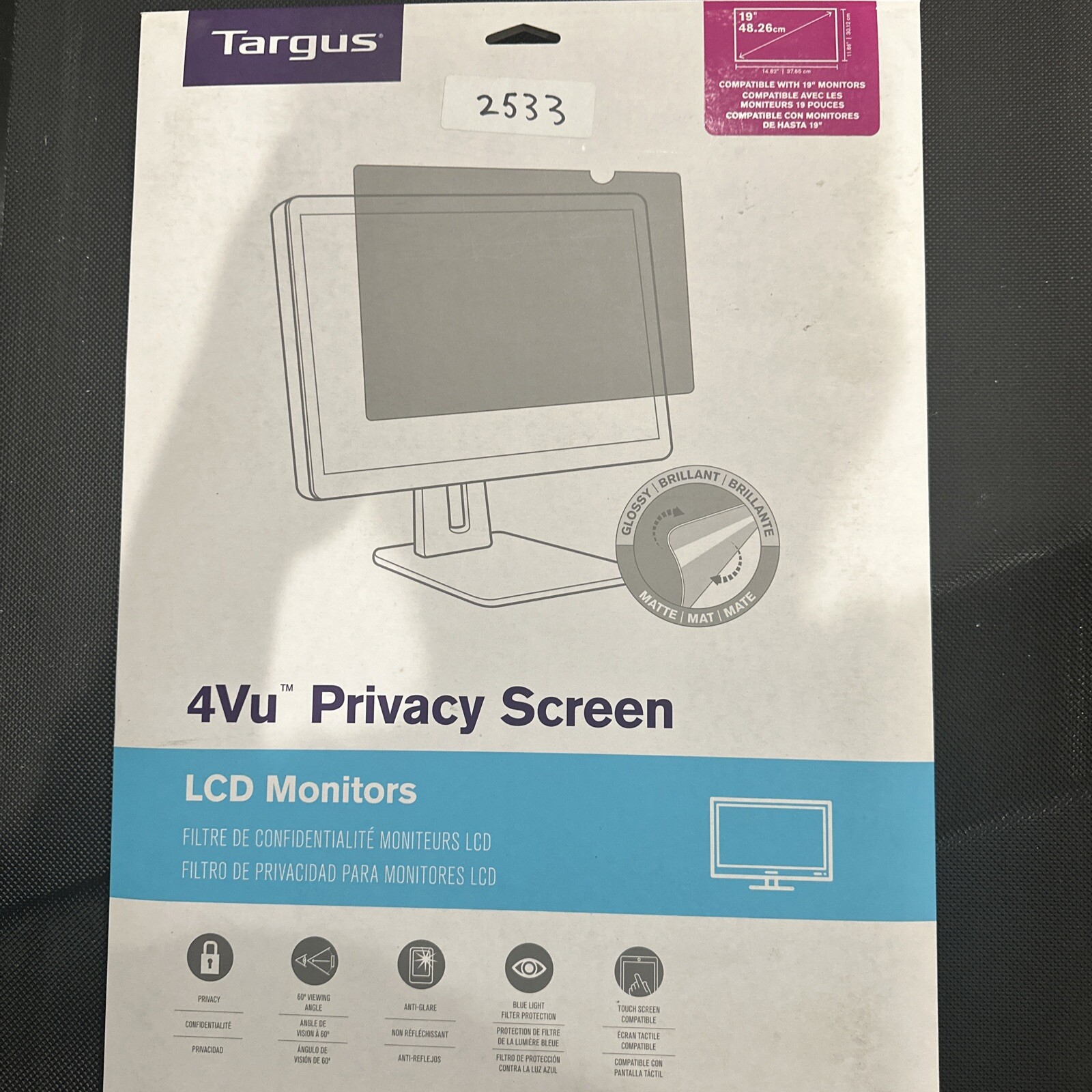 Targus 4Vu 19" Monitor Privacy Screen 60 Degree Viewing Angle Anti-Glare