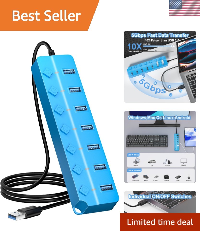 Versatile USB Hub 3.0 Splitter with 7 Ports & Lights, Fast Data Transfer - Blue