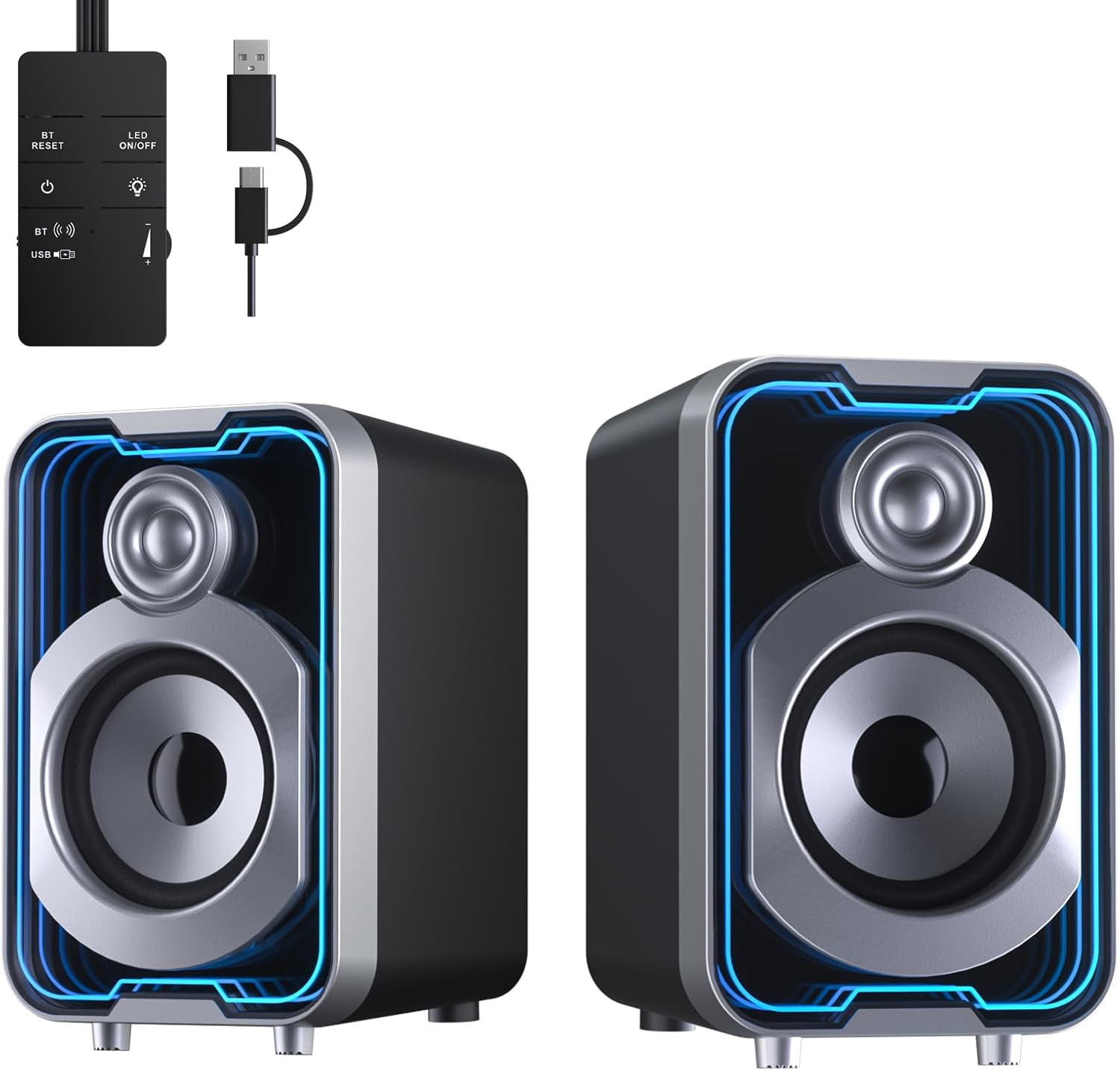 2.0 USB Bluetooth Computer Speakers – 10W with LED Light Modes & Control Pod
