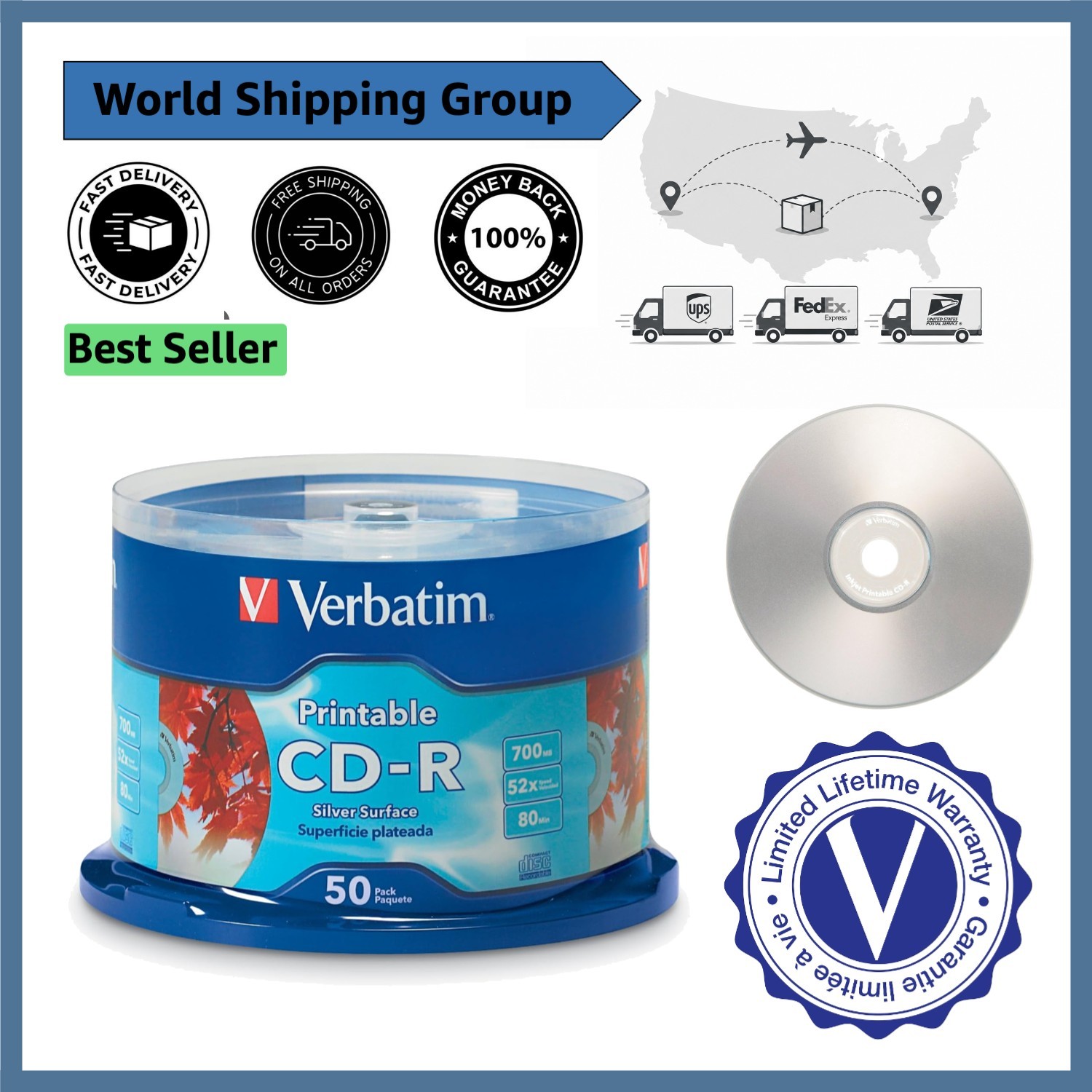 Verbatim High-Speed 52X CD-R Discs 700MB with Silver Inkjet Surface - 50pk
