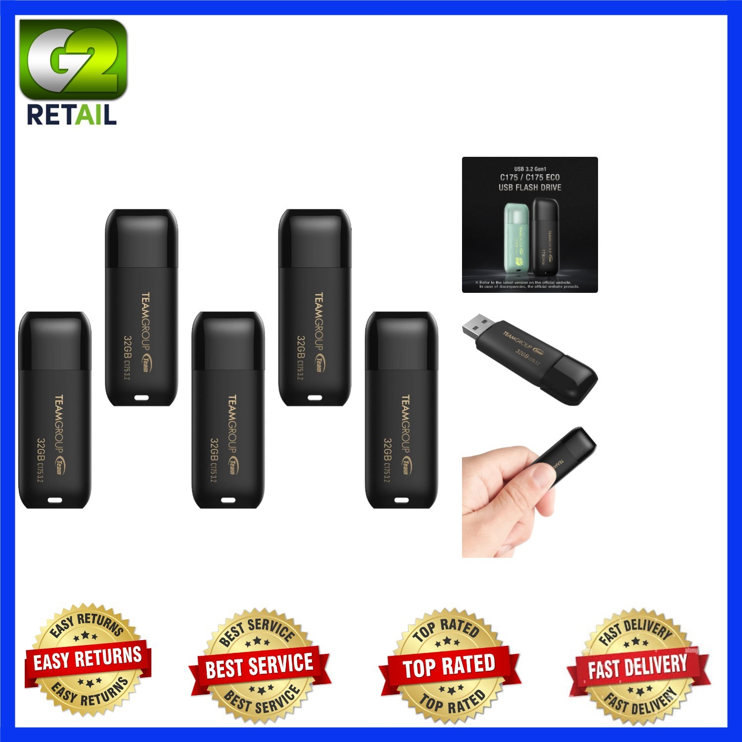 C175 32GB USB 3.2 Flash Drives - 5 Pack, Dust-Proof Data Storage Solution