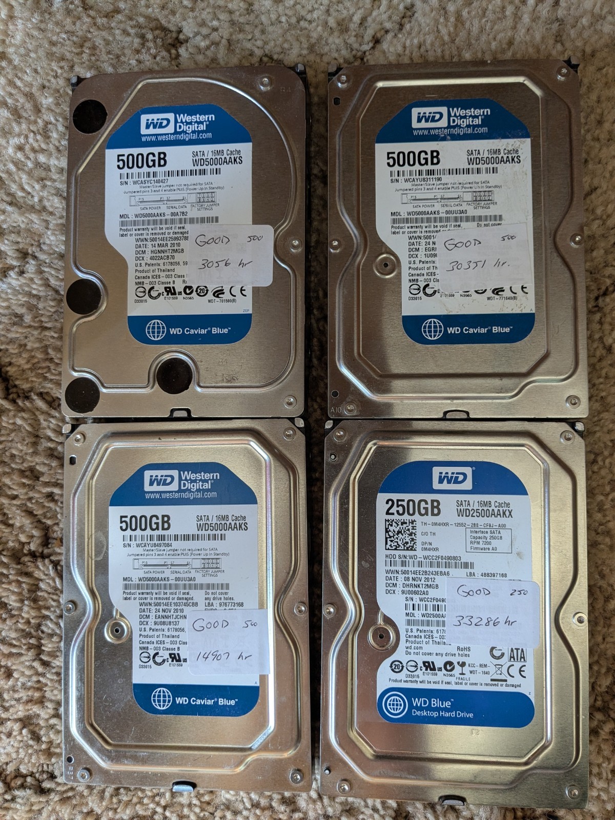 Lot of  4 Western Digital Blue SATA 3.5" Desktop Hard Drives Various capacities 