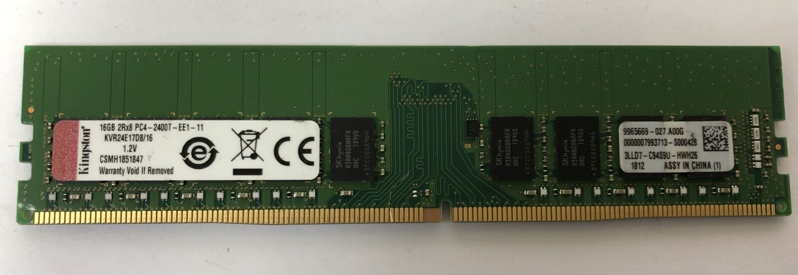 Kingston KVR ECC Unbuffered RAM 16GB x1 DDR4 2400MHZ KVR24E17D8/16 DIMM 288pin