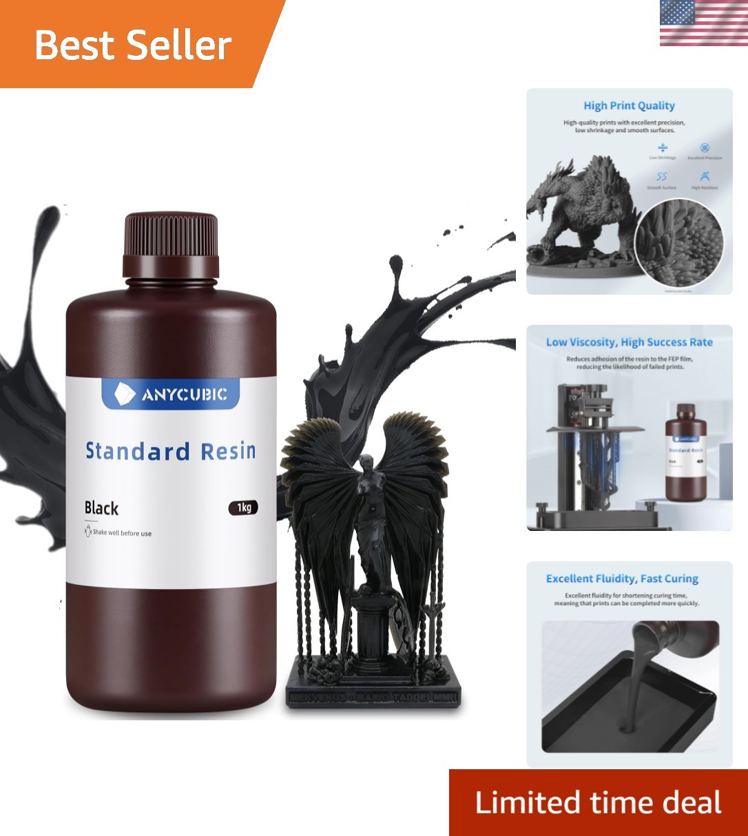 UV-Curing 3D Printer Resin - 1kg of Black High Toughness Liquid