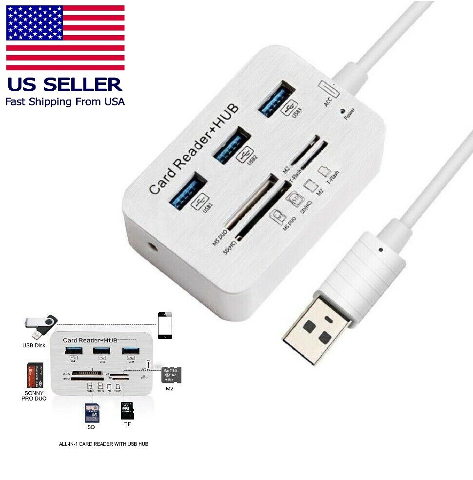 Aluminum 3 Port USB 3.0 Hub MS SD M2 TF Multi-In-1 Memory Card Reader Adapter US