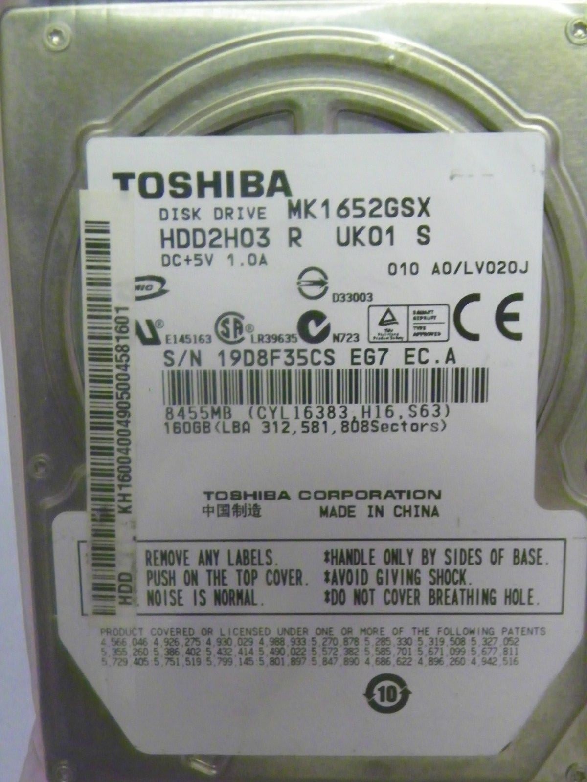 Toshiba MK1652GSX (HDD2H03 R UK01 S) 010 A0/LV020J 160GB Laptop Hard Drive