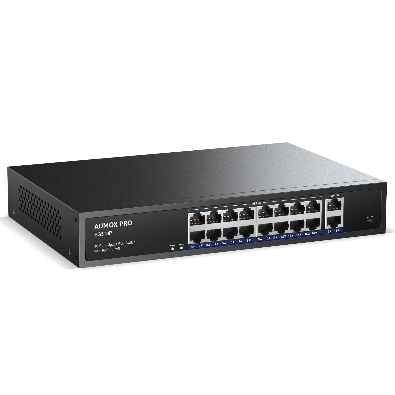 16 Port Gigabit PoE Switch,AUMOX PRO 18|16 PoE+2 Uplink 250W, Black