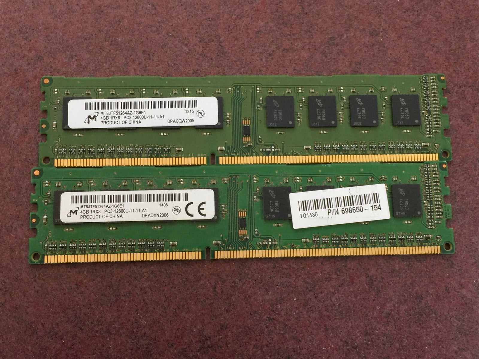 LOT OF 2 Micron 4GB 1Rx8 PC3-12800U DDR3-1600 Desktop Memory RAM