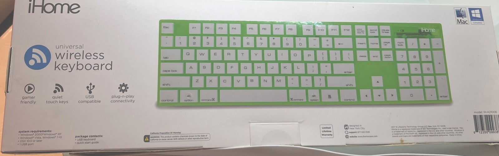 iHome Wireless Keyboard IH-K2100E Plug&Play,Quiet Keys,Gamer Friendly,USB comp