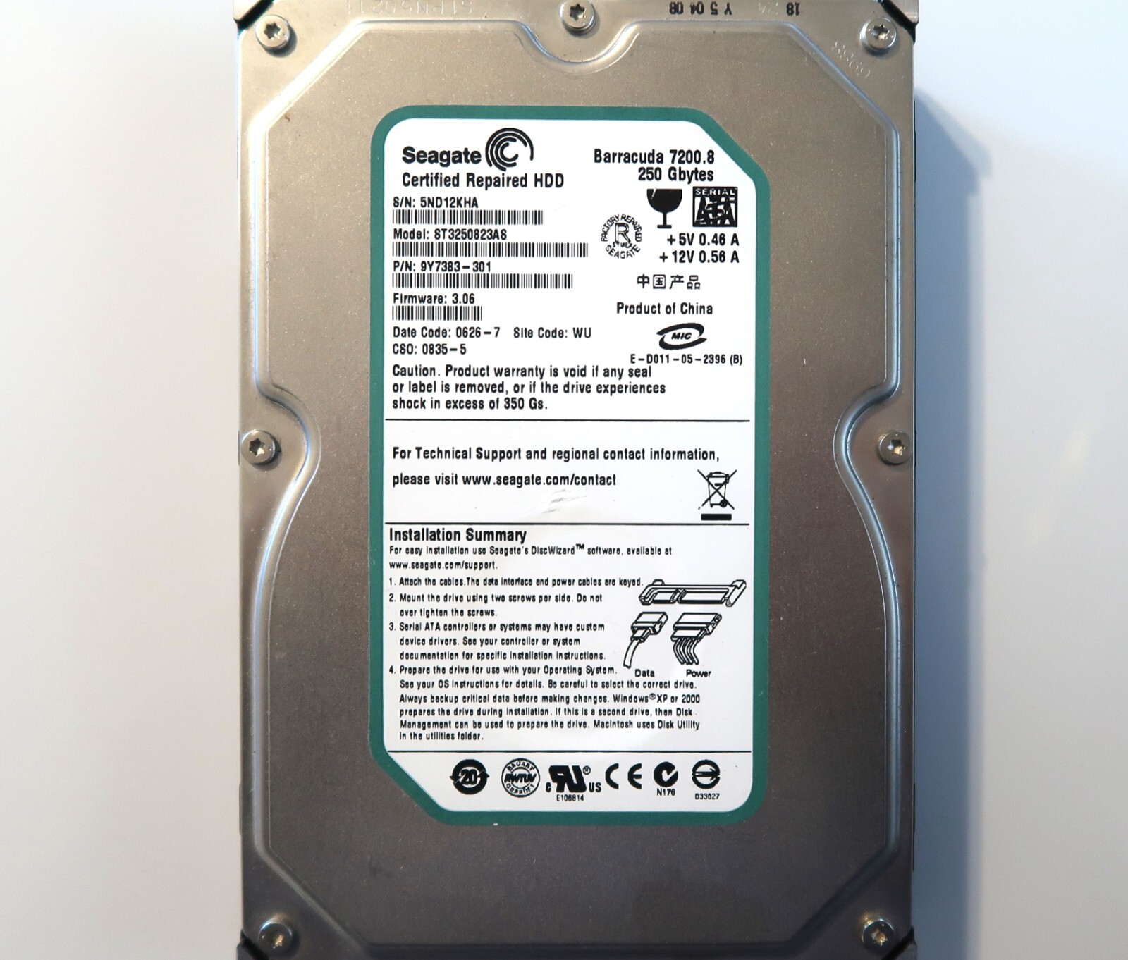 Seagate ST3250823AS 9Y7383-301 3.06 (5ND) WU China 250gb 3.5" Sata HDD 0626-7