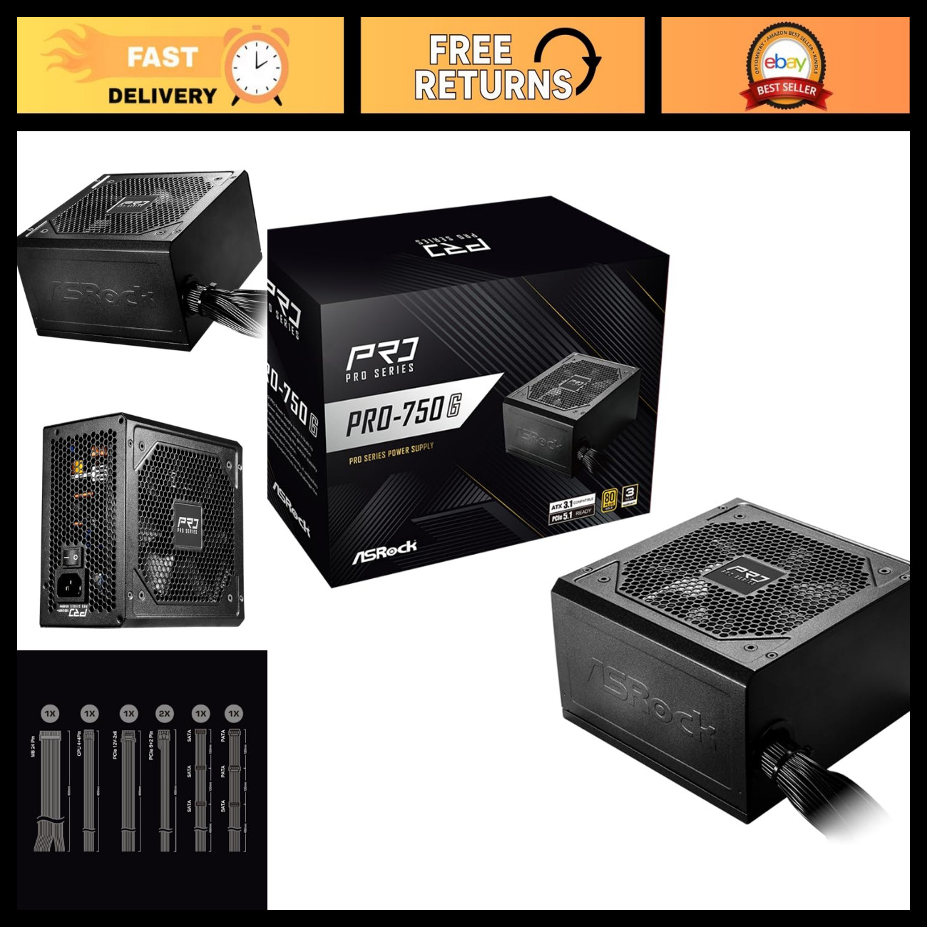 750W 80 Plus Gold Power Supply, ATX 3.1, PCIe 5.1, Low-Noise Fan, 3-Year Warrant