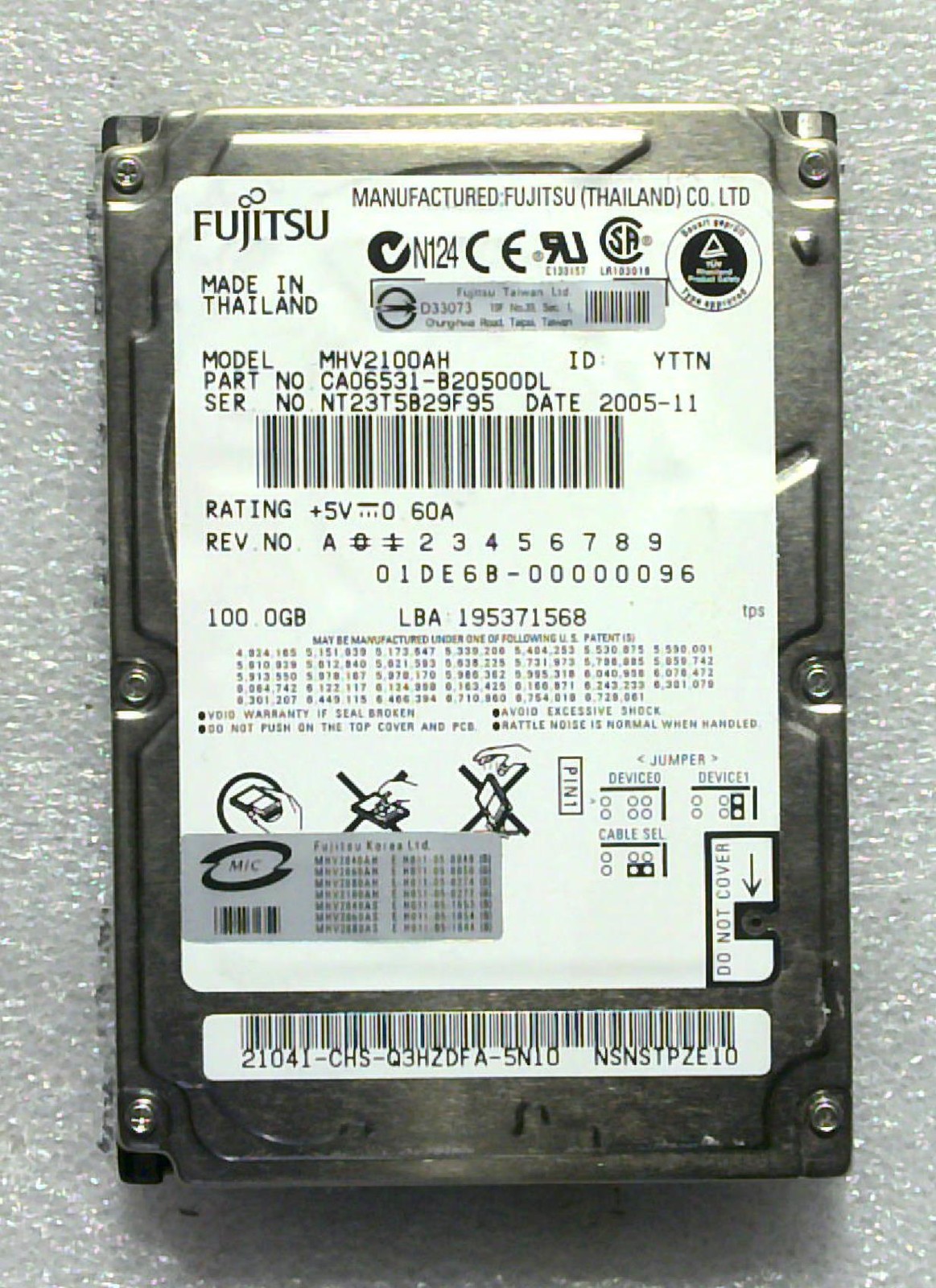Fujitsu - MHV2100AH - 100GB - CA06531-B20500DL - SN: NT23T5B29F95