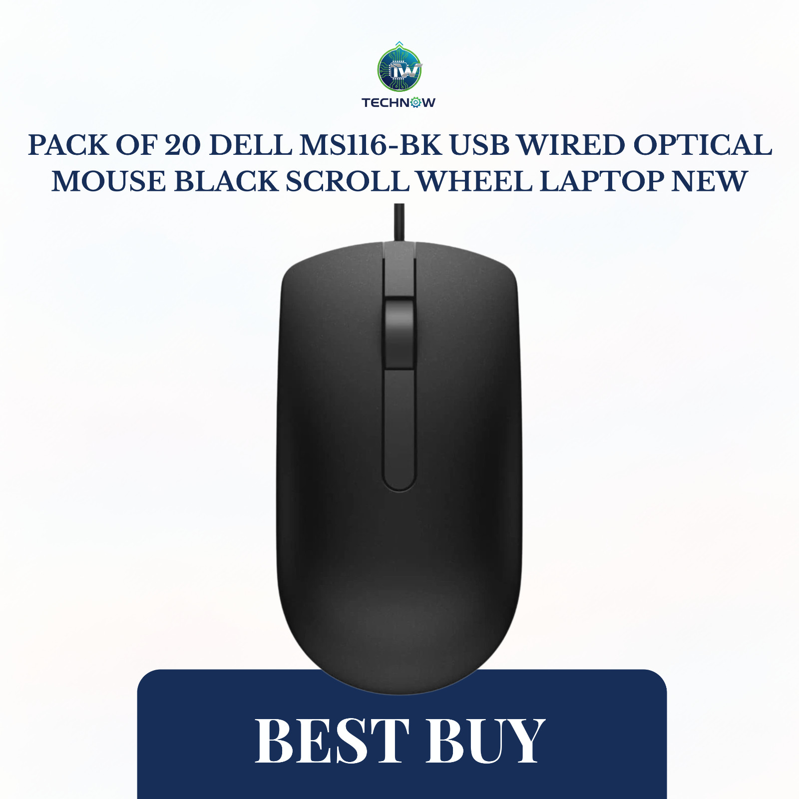 PACK OF 20 Dell MS116-BK USB Wired Optical Mouse Black Scroll Wheel Laptop NEW