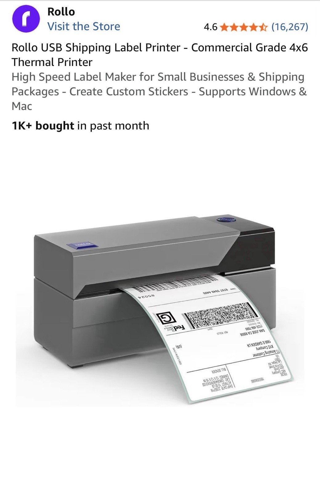 Rollo Model X1038 Label Printer High Speed Direct Thermal