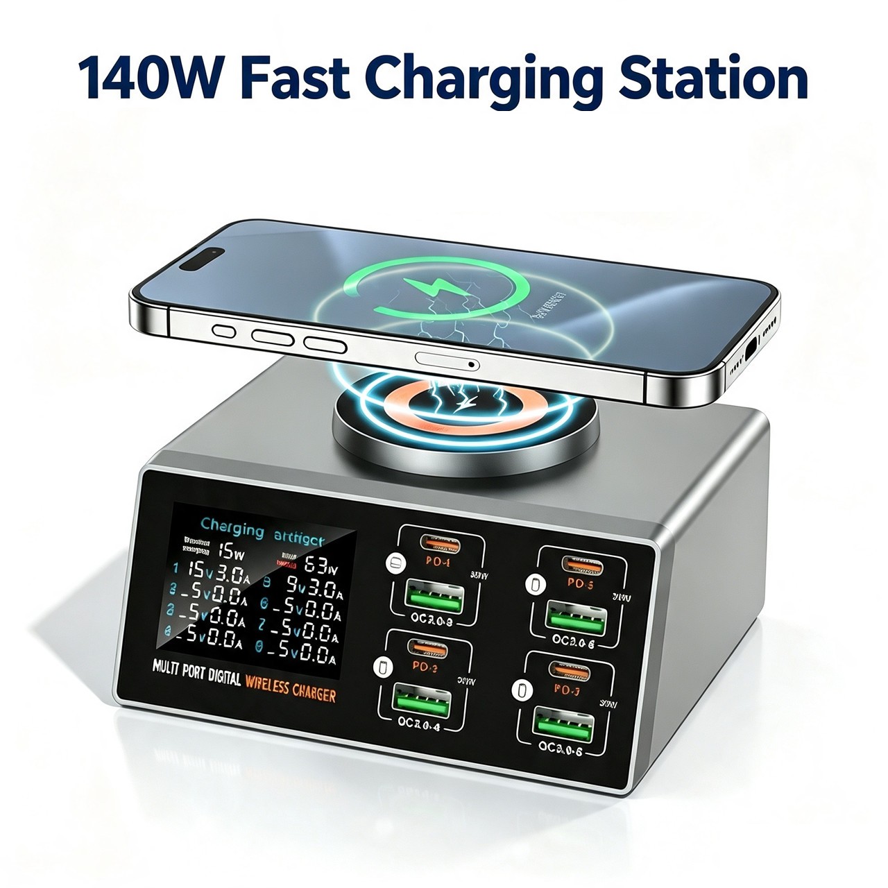 140W Desktop Charging Station LCD Display Wireless 4 USB-C 4 USB-A for Office