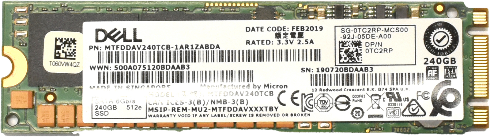Dell Micron 240GB M.2 SATA SSD BOSS 0TC2RP MTFDDAV240TCB for MX740c / MX840c