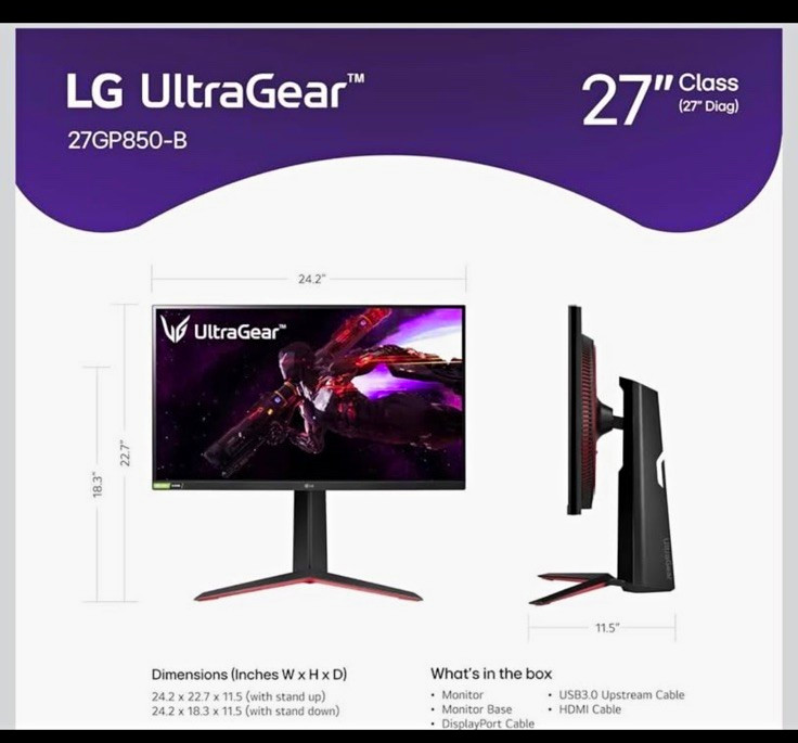 LG UltraGear 27GP850-B 27in IPS QHD 165Hz 1ms G-Sync HDMI/DP