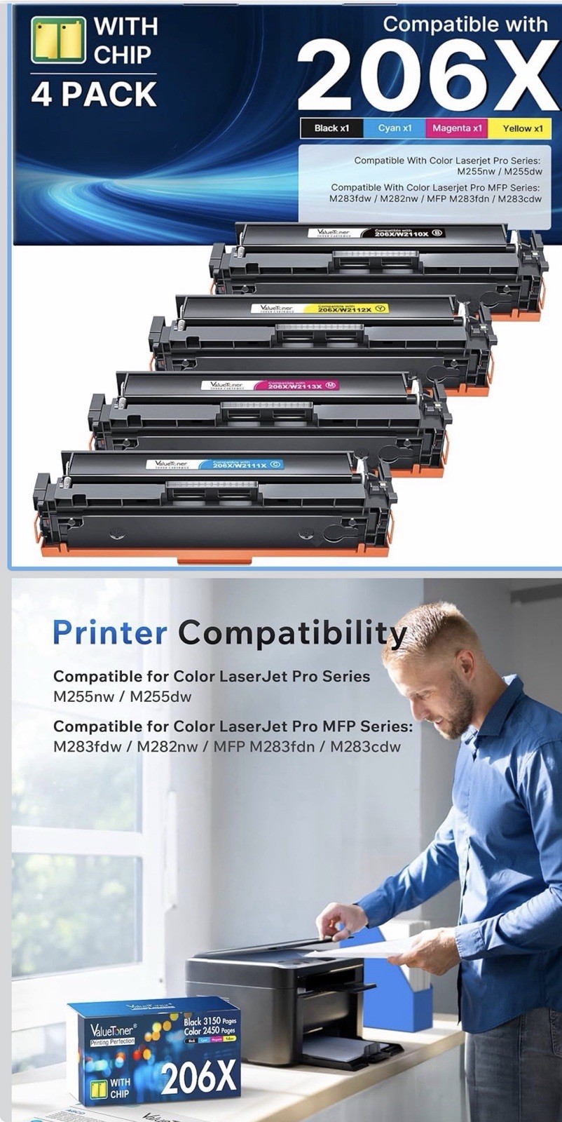ValueToner 206X High Yield 4 Pack Toner for HP Color LaserJet Pro M255 M283fdw