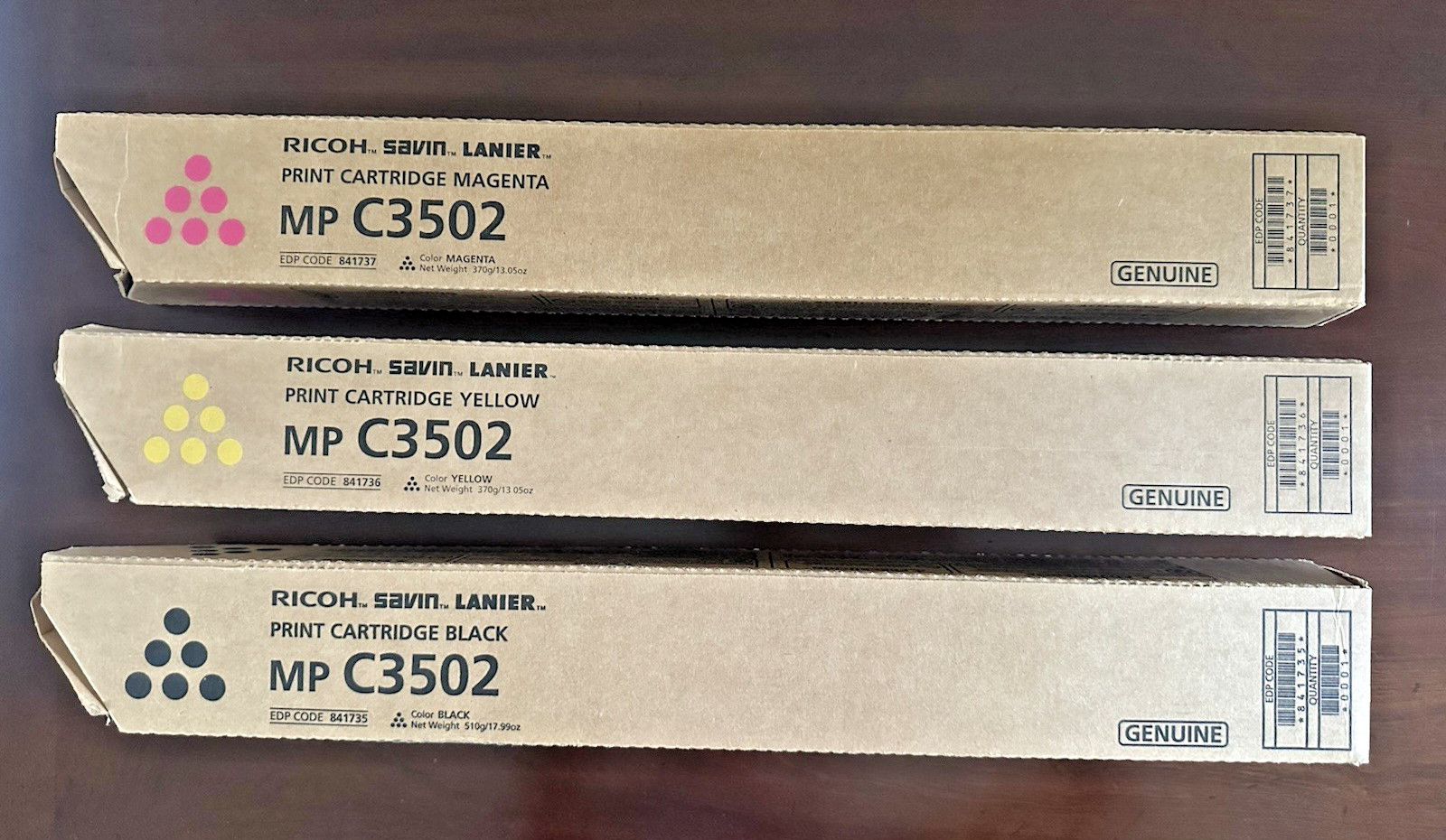 Set of 3 MP C3502 Ricoh Savin Lanier Genuine Sealed Toner Yellow Magenta Black
