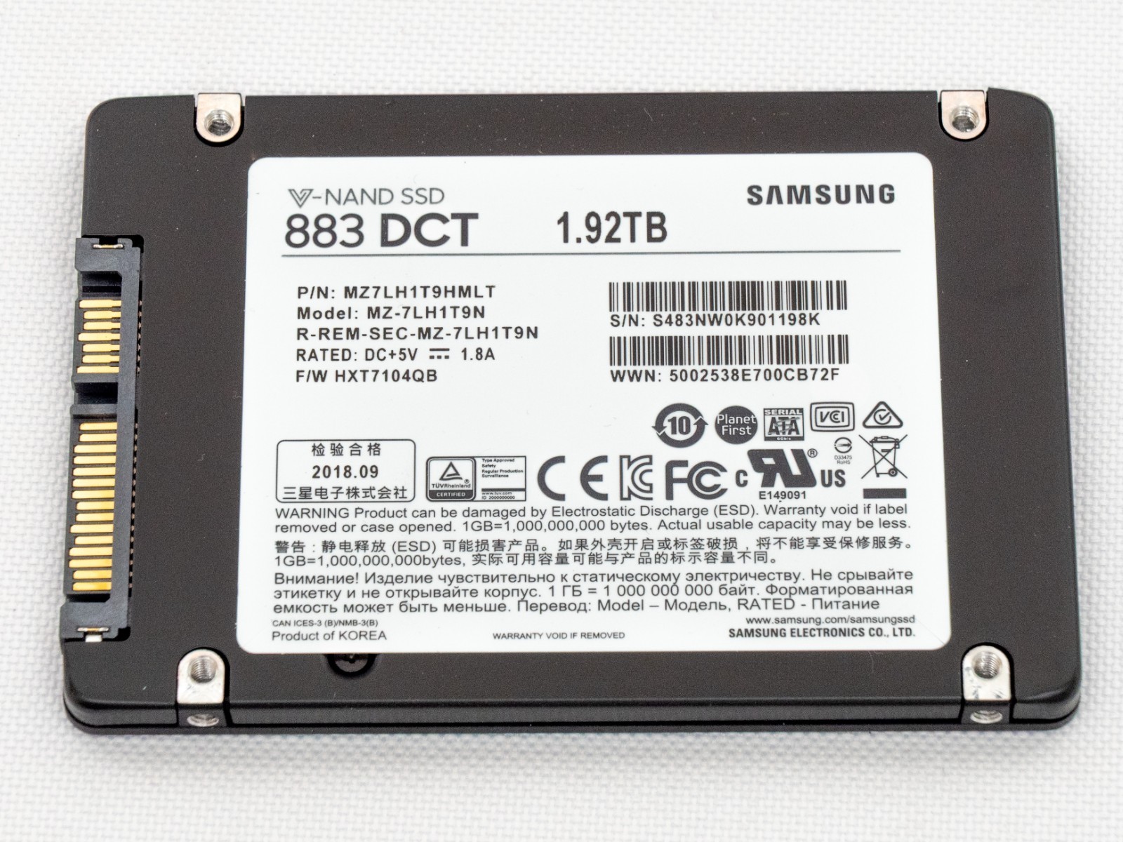 Samsung 883 DCT SATA 1.92TB 2.5" SSD MZ-7LH1T9N - SMART Good